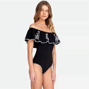Johnny Was Black and White Off-Shoulder One Piece Swimsuit